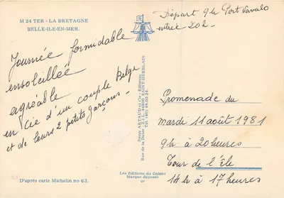Belle-Île-en-Mer — Carte Touristique avec Photos de Sites — Éditeur Pierre Artaud et Cie — Verso