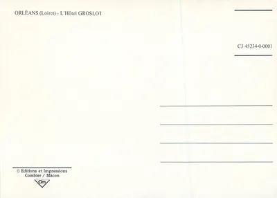 Orléans — Hotel Groslot — Wydawnictwo i Drukarstwo Combier / Mâcon, nr C3 45234-0001 — Rewers