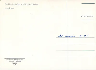 Parque Floral de la Fuente en Orléans — El pequeño tren — Ediciones e Impresión Combier / Mâcon, n° C3 45234-1-0176 — Reverso