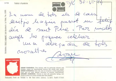 Gran Canária — paisagem montanhosa, dunas com camelo, praia — John Hinde — Verso