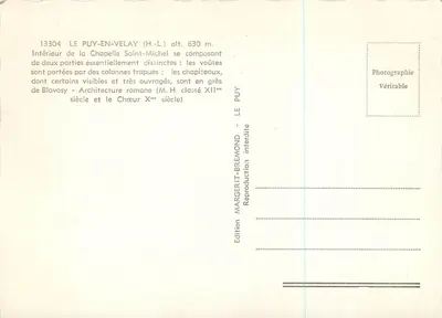Interior da Capela São Miguel — Puy-en-Velay — Edição Margerit-Bremond — Verso