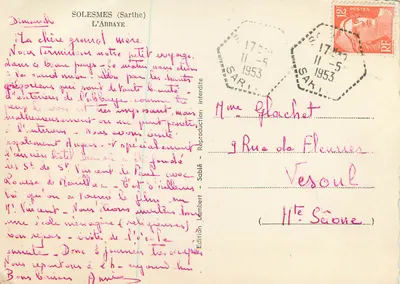 Nowoczesna pocztówka Solesmes (Sarthe) Klasztor Peche — Rewers