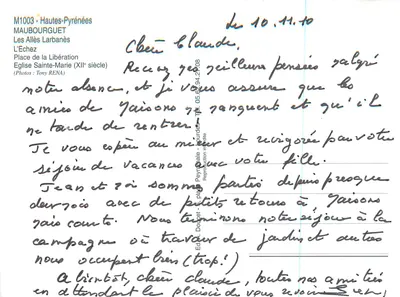 Maubourguet — vista da rua arborizada, do ponte, da igreja e do vilarejo — Fotos Tony RENA — Verso