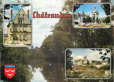 Châteaudun — vista panorâmica com hotel, castelo e fonte — Éditions Valoire