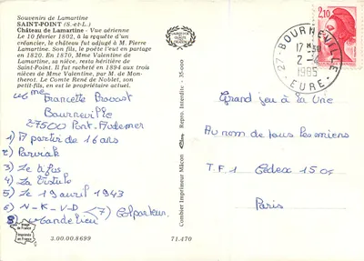 Castelo de Lamartine — Vista aérea — Souvenirs de Lamartine, editor Combier Imprimeur Mâcon, n° 35.000 — Verso