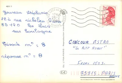 Dziecko rysuje ptaka — pod kwitnącymi drzewami — Boro — Rewers