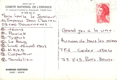 Ninféias rústicas — Labat - Jacana — Editado pelo COMITÉ NATIONAL DE L'ENFANCE — Verso