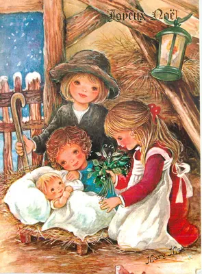 Crianças ao redor de um berço — cena de Natal — Mary May n° 476/4