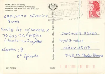 Castelo de Hericourt — Antigo castelo dos Príncipes de Montbéliard, torre Séverine — Imprimeur Combier, n° 70.285 — Verso