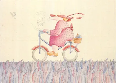 Coelho em vestido rosa — ciclista com cesta — editor Monique Prudent, n° MP 6