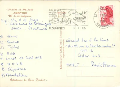 Bilhete postal moderno Lorient Cores da Bretanha O Porto de Praia Barcos — Verso