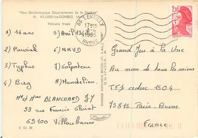 Pelicãos frisados — Parque Ornitológico Departamental da Dombes — editor Cinq, n° E Ci. 24 — Verso