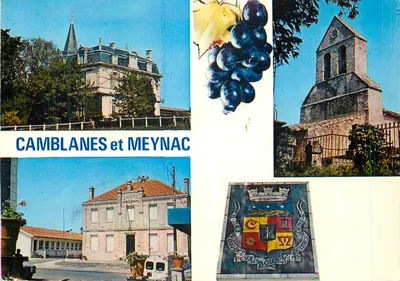 Camblanes et Meynac — vista da prefeitura, do castelo, da capela e do brasão — Imprimeur Comber