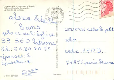 Camblanes et Meynac — vista da prefeitura, do castelo, da capela e do brasão — Imprimeur Comber — Verso