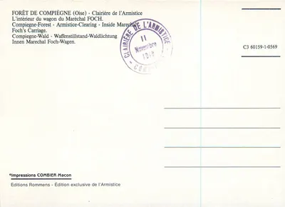 Wnętrze wagonu Marszałka Focha — Las Armistycyjny — Wydawnictwo Combier Macon — Rewers