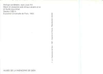 Relógio candeeiro, estilo Luís XVI — Decoração em cloisonné com esmaltes alcalinos e ouro, altura 3,60 m — Museu da Faiança de Gien, 1987 — Verso