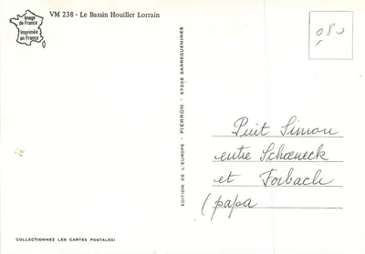 Basen węglowy lorraski — Ilustrowana kartka pocztowa z widokami przemysłowych obiektów i mapą — Wydawnictwo Pierron, Sarreguemines — Rewers