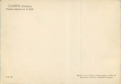 Quimper (Finistère) — stare domy nad Steir — Wydawnictwo Sztuki YVON, I.K. 26 — Rewers