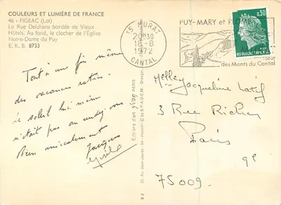 Rue Delzhenes cercada de velhos hotéis — campanário da Igreja de Nossa Senhora do Puy — Éditions d'Art Yvon — Verso