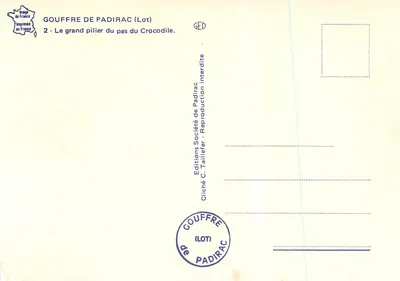 Gouffre de Padirac (Lot) — Duży pilarz w przejściu Krokodyla — Wydawnictwo C. Taillefer — Rewers