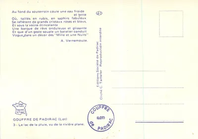 Gouffre de Padirac — Lac de la Pluie, widok z rzeki płaskiej — Wydawnictwo C. Taillefer — Rewers