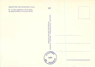 Gouffre de Padirac (Lot) — Górne jezioro w pomieszczeniu Dużego Dymu (częściowa wizualizacja) — Éditions C. Taillefer — Rewers
