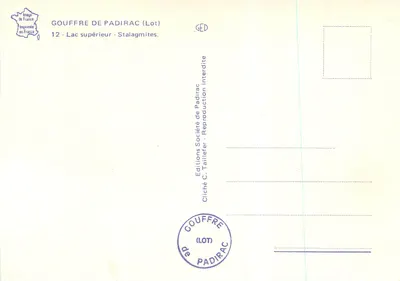 Gouffre de Padirac — Jezioro górne — Stalaktyty — Wydawnictwo C. Taillefer — Rewers