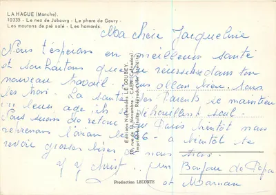 La Hague — vista da costa, farol de Goury, ovelhas, flores e caranguejos — Editor Emy, n° 10335 — Verso
