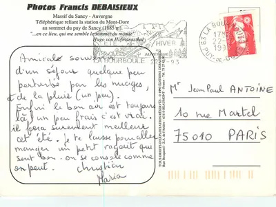 O Mont-Dore — teleférico ligando a estação do Mont-Dore ao topo do puy de Sancy (1885 m) — F. Debaissieux — Verso