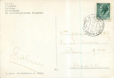 Capri — Os Faraglioni — editor R. Renza, C5 — Verso