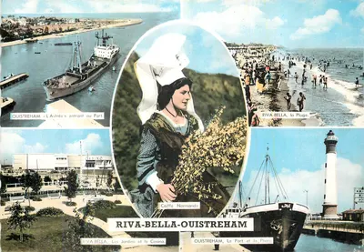 Riva-Bella-Ouistreham — Vista do porto, da praia e de um farol — Edições Artaud Père & Fils