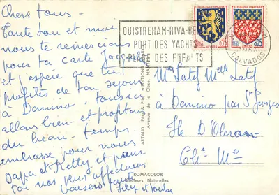 Riva-Bella-Ouistreham — Vista do porto, da praia e de um farol — Edições Artaud Père & Fils — Verso