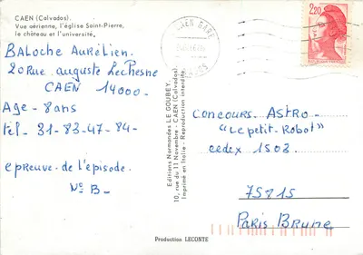 Caen (Calvados) — Widok z powietrza, katedra Świętego Piotra, zamek i uniwersytet — Wydawnictwo Normandzkie Le Goubey — Rewers