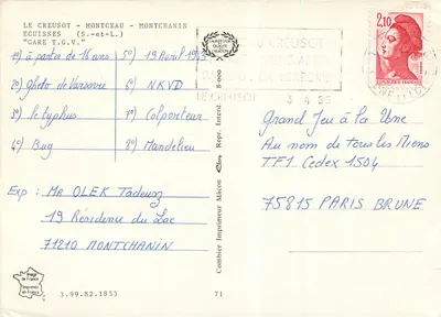 Bilhete postal moderno Le Creusot Montceau Gare T G V — Verso