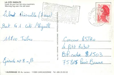 Cidade de origem — Amanhecer sobre os antigos bairros — Imp. M.V. Graphic, Carcassonne — Verso
