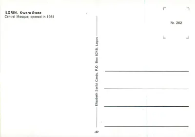 Mesquita central de Ilorin — Estado de Kwara — Editor Elisabeth Seriki Cards, n° 262 — Verso