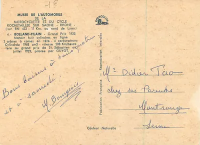 Niebieska samochodowa karta — Grand Prix St-Sébastien 1923 — Muzeum Samochodów i Motocykli — Rewers