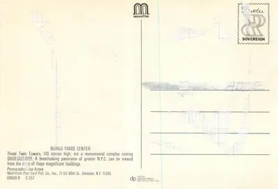 World Trade Center — Wieże bliźniacze — Manhattan Post Card Pub. Co., Inc. C-257 — Rewers