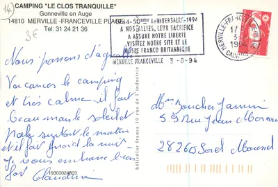 Camping 'Le Clos Tranquille' — Gonneville-en-Auge — 50º aniversário 1994 — Verso