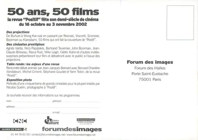 50 lat, 50 filmów — czasopismo "Positif" świętuje półwiecznicę filmu — Forum des Images, Mairie de Paris — Rewers