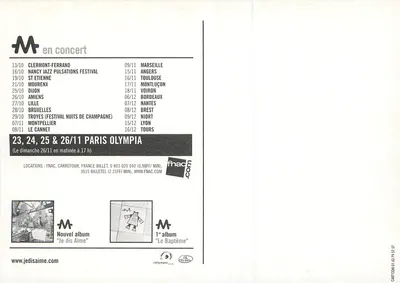M em concerto — novo álbum « Je dis Aime » — Fnac / RTL / M6 — Verso