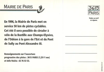 Paris — pistas cicláveis — Mairie de Paris e 3615 Paris — Verso