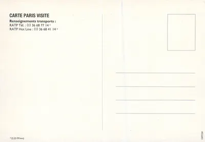 Paris Visite — Carta de visita RATP — editor RATP — Verso