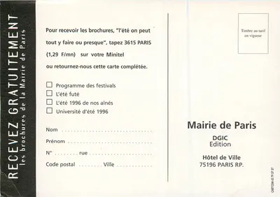 Torre Eiffel — Paris no verão. É possível fazer tudo lá ou quase tudo. — Mairie de Paris — Verso