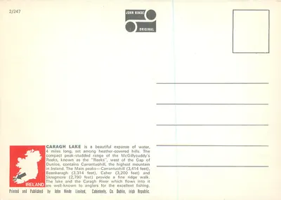 Caragh Lake und Carrantuoihil (Irslands höchster Gipfel) — Co. Kerry, Irland — Farbfoto von John Hinde, F.R.P.S. — Rückseite