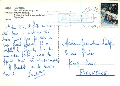 Aurlandsfjord — Noruega — editor Enerett E. A. Viksland, n° 141-90 — Verso