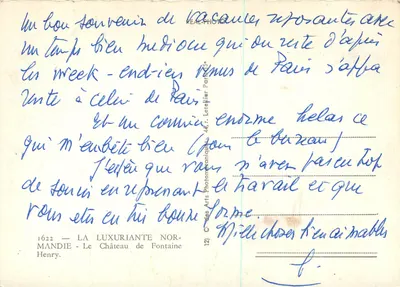 O Castelo de Fontaine-Henry — Mandie, Normandia — editor C. des Arts Photomécaniques, n°1622 — Verso
