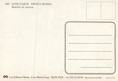 Galho de mimosa — Côte d'Azur — Les Editions Gilletta, n°340 — Verso
