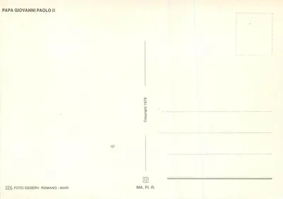 Papież Jan Paweł II — przy oknie Bazyliki Świętego Piotra — wydawca MA.PI.R. nr 326 — Rewers