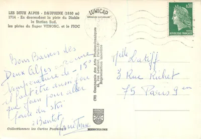 Les Deux Alpes - Dauphine (1650 m) — W dół ścieżki Diabła, stacja południowa, ścieżki Venosc i FioC — wydawca LUMICAP — Rewers